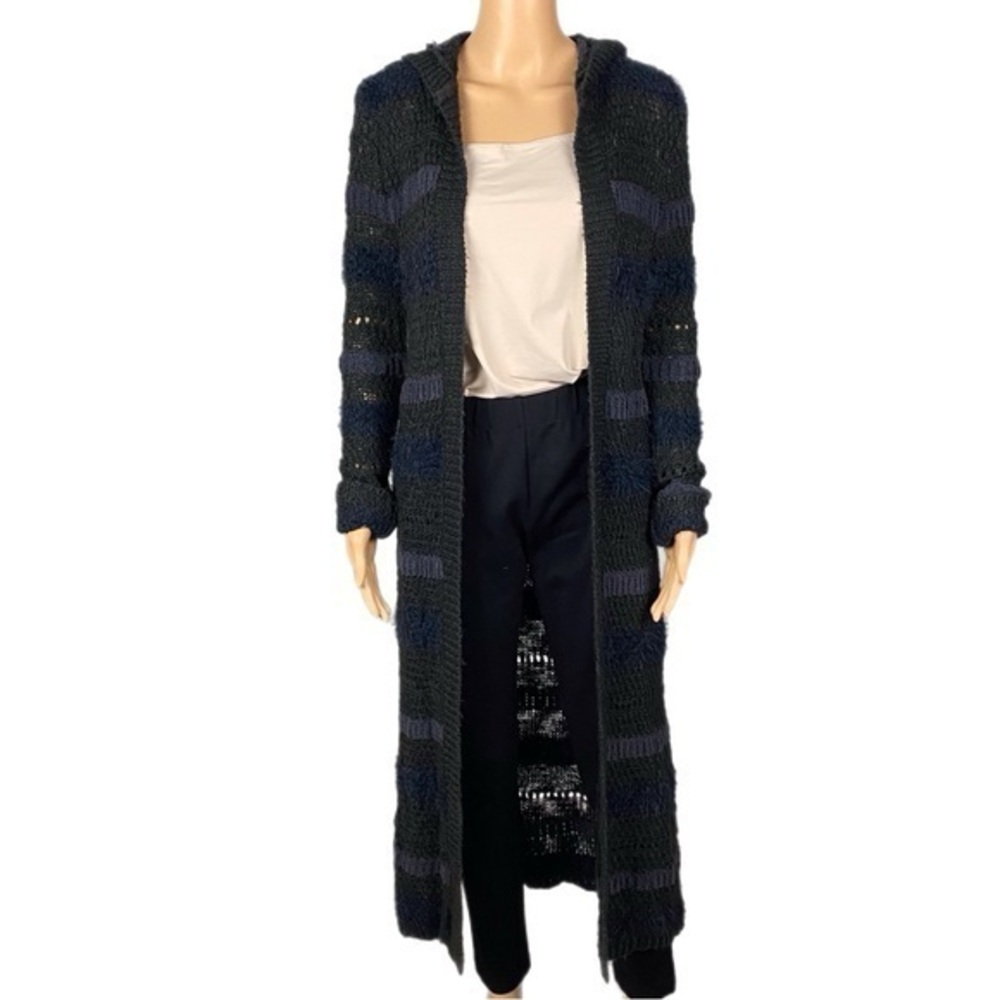 HOUSE OF HARLOW 1960 black & grey striped Hooded fuzzy open Duster ONE SIZE EUC